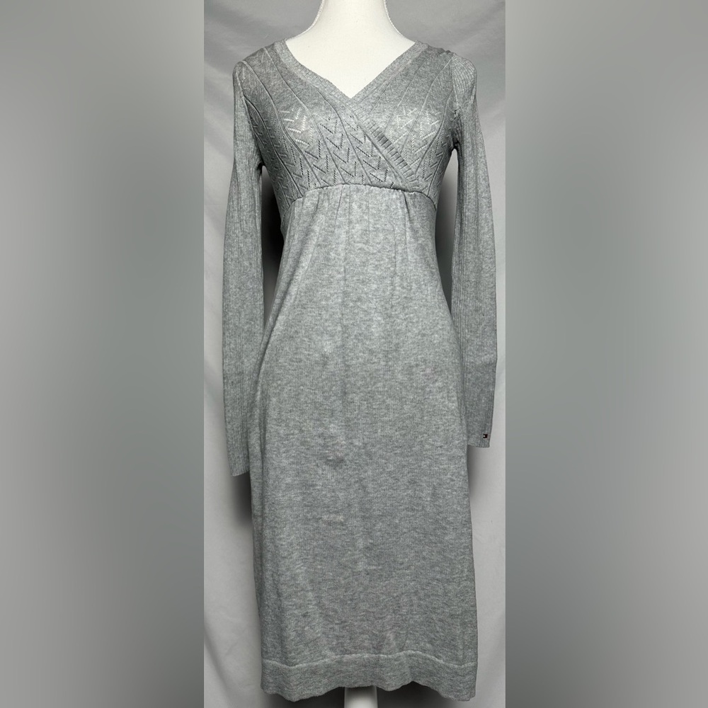 TOMMY HILFIGER Y2K Grey Babydoll Longsleeve Faux Wrap Vneck Dress Size XS